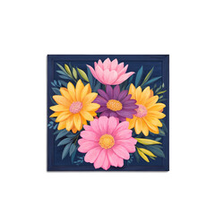 Fototapete - A square painting on a wooden frame featuring a vibrant bouquet of flowers in shades of pink purple and yellow against a dark blue background..