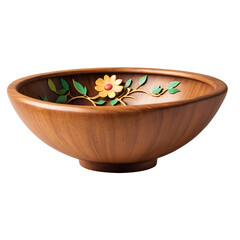 Fototapete - A charming bowl made of polished wood with a deep circular shape. Its exterior is adorned with delicate handcarved flowers and vines giving it a rustic and natural appearance..
