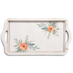 Fototapete - A rustic wooden tray with a distressed whitewashed paint finish and a simple handpainted floral motif in the center..