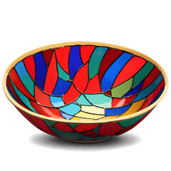 Fototapete - A striking bowl made of colorful stained glass featuring a mosaic design of vibrant red green and blue pieces. Its rim is scalloped and has a metallic gold trim adding a touch of.