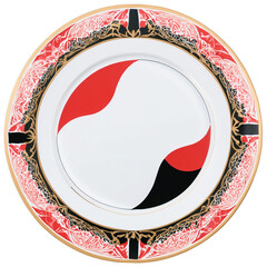 Fototapete - An intricately patterned plate with a geometric design in shades of red white and black. The edges are adorned with gold and the plate has a smooth polished finish..
