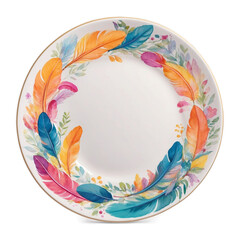 Sticker - A vibrant plate with a handpainted pea surrounded by colorful feathers and flowers. The plate has a glossy surface and a wavy edge with a slight iridescent sheen..