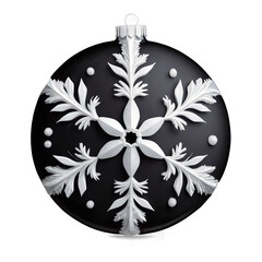 Fototapete - A circular ornament with a matte black surface and a single silver snowflake in the center. It is lightweight and made of plastic..