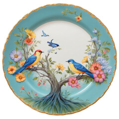 Fototapete - A decorative plate featuring a scene of birds perched on tree branches surrounded by colorful flowers. The plate has a scalloped edge and a textured surface..
