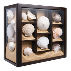 Fototapete - A rectangular box made of smooth dark wood with a glossy finish. The front panel is comprised of a large sheet of transparent glass revealing an intricate display of seashells and.