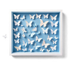 Fototapete - A white shadow box with a simple and clean design. Inside the frame there is a row of paper butterflies in different sizes and colors delicately layered against a soft blue.