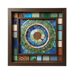 Fototapete - A deep brown shadow box with a rustic distressed look. The top portion of the frame is covered in a pattern of small intricate mosaic tiles in shades of blue and green. Inside the.