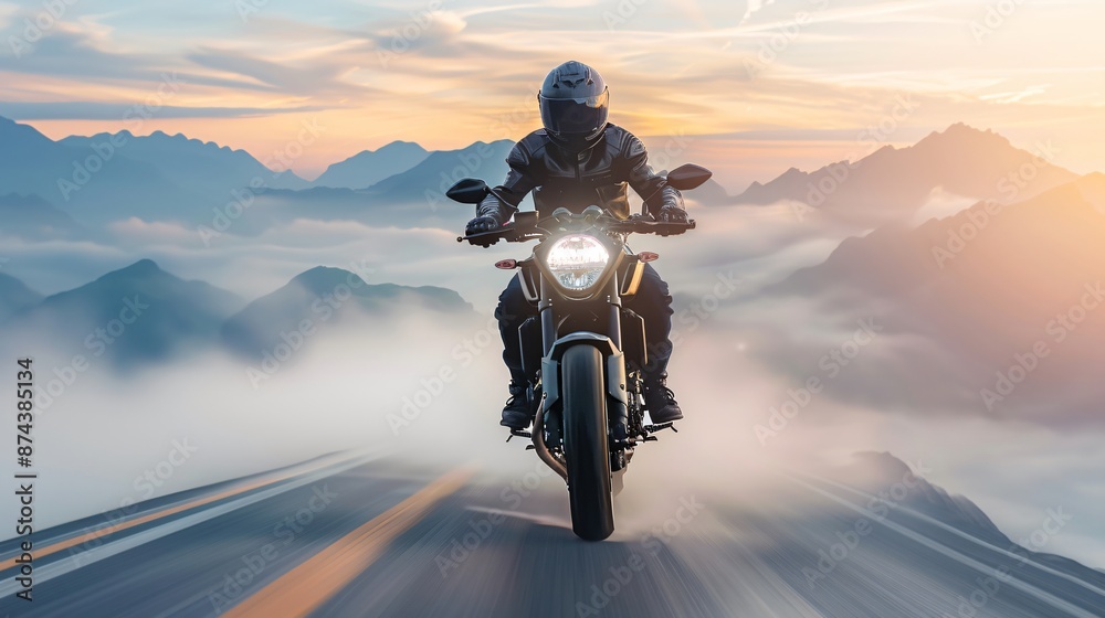 Silhouette of a lone motorcycle rider on a winding mountain road ...