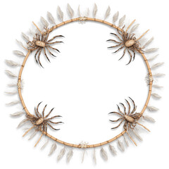 Fototapete - An intricately woven circular frame adorned with feathers and beads resembling a spiders web with a central hole..