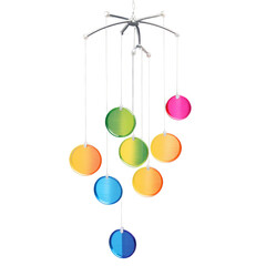 Fototapete - A charming hanging decoration made of metallic tubes and colorful glass discs. When the wind blows the tubes clink together creating a melodious tune that enhances the ambiance of.