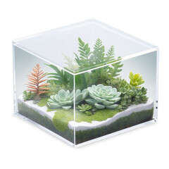 Fototapete - A glass cube housing a lush green habitat with moss ferns and tiny succulents..