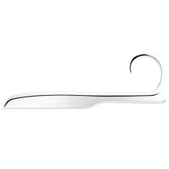 Poster - A long thin device made of silver metal similar to a long s with a flat rectangular piece at the end instead of a bowl. The handle is slightly curved..