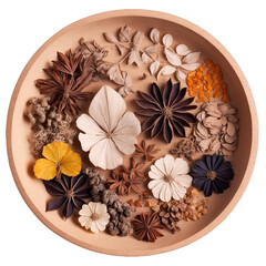 Fototapete - A mix of dried botanicals and es carefully arranged in a wooden dish..