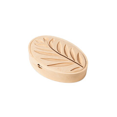 Fototapete - An ovalshaped device crafted from lightcolored wood with a small compartment for adding essential oils. The front features a carvedout design resembling leaves..