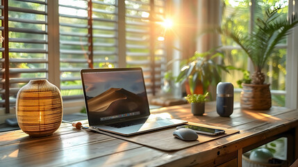 programmer's workplace with a laptop, smart speaker, computer tablet, smartphone and a plant in a pot