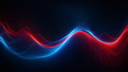 Fototapete - A mesmerizing 3D render of a vibrant energy flow, depicted as a swirling wave of red and blue particles against a dark background. This abstract representation evokes a sense of dynamic movement