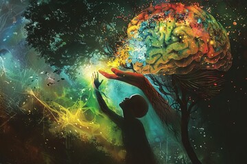 Wall Mural - a surreal artwork depicting a person with MS reaching towards a vibrant, healthy brain