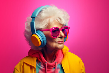 Colorful portrait of elderly woman in vibrant clothes and headphones