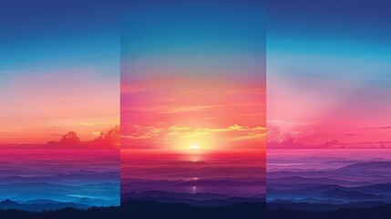 Wall Mural - Sky Gradients Landscape: An illustration showcasing the gradient of colors in the sky as a backdrop to various landscapes