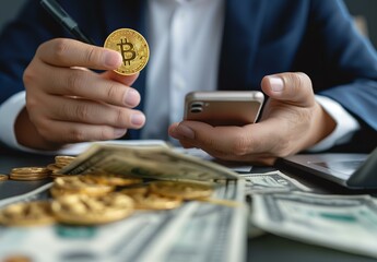 Poster - A business professional holding a Bitcoin coin while using a smartphone, with scattered US dollar bills and a laptop on the desk.