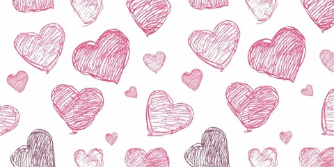 Poster - A seamless pattern of pink hand-drawn hearts on a white background.