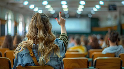 A woman sits in a lecture hall and raises her hand to ask a question