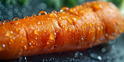 Wall Mural - Close-up Image of a Fresh Carrot with Water Drops and Peeled Surface. Concept Close-up Photography, Food Photography, Fresh Produce, Water Drops, Texture and Details