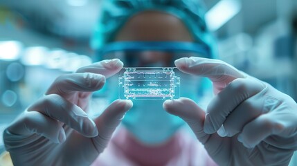 A close-up of a microfluidic lab-on-a-chip device held by a researcher in a corporate laboratory