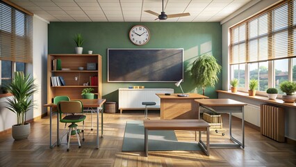 Wall Mural - School classroom with chalkboard, clock and teacher's desk. School class room interior design.