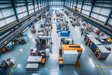 Poster - Aerial view of a modern factory operating with automated machinery and workers performing their tasks