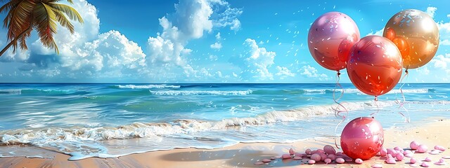 Wall Mural - Summer party background with balloons on a beautiful beach 