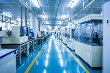 Poster - Long corridor inside a semiconductor manufacturing plant with many machines operating at full capacity
