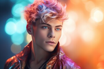 Wall Mural - Portrait of a young male model with a multicolored hairstyle on a bokeh background