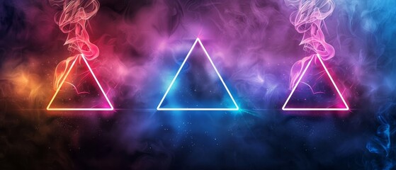 Poster - Three White Neon Triangles Against A Purple And Blue Smoke Background