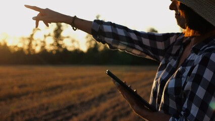 Female agronomist using digital tablet at wheat meadow at dusk. Farmer monitoring harvest at barley field at sunset. Beautiful scenic landscape. Concept of agricultural business. Slow mo