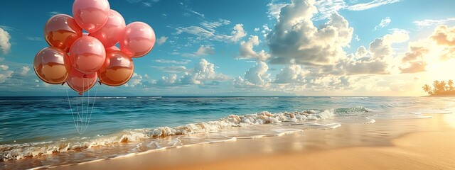 Wall Mural - Summer party background with balloons on a beautiful beach 