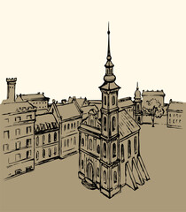 Poster - Vector drawing. Medieval cathedral in the center of the city square