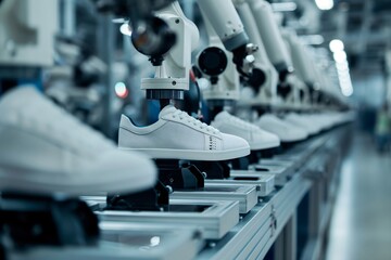 Poster - Robotic arms working on a production line, assembling and stitching high end sneakers in a modern shoe factory