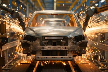Poster - Automated robot arms are welding a car body frame on a conveyor belt in a modern car factory