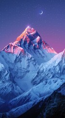 Wall Mural - AI generated illustration of a snow-covered mountain peak under a starry sky with a crescent moon