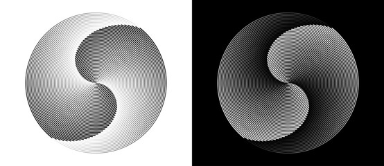 Poster - Lines in circle abstract background. Dynamic transition illusion in spiral. Yin and yang style. Black shape on a white background and the same white shape on the black side.