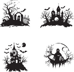 Wall Mural - Halloween icons silhouette logo black and white background