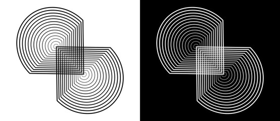 Sticker - Two semicircles as infinity symbol. Art lines illustration as logo or icon. Black shape on a white background and the same white shape on the black side.