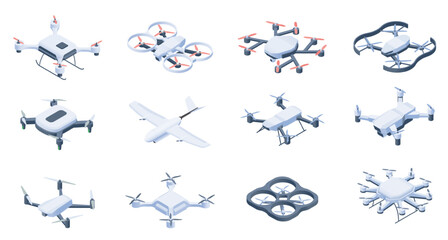 Wall Mural - isometric drones. aerial drone unmanned remote control surveillance multicopter vehicles, wireless r
