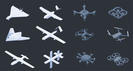Wall Mural - isometric unmanned aerial vehicles. military drone and spy plane unmanned with camera, airplane with