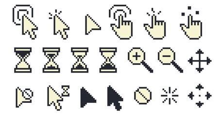 Pixel cursors. Retro vintage pointer cursor arrow hand finger icons, 8 bit computer game mouse pointer and finger tap touch click. Vector pixel cursors isolated set