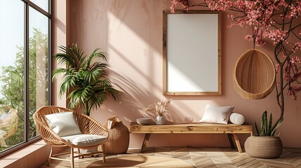 Wall Mural - Modern Living Room Interior Design With Wicker Furniture and Natural Light