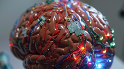 Wall Mural - A brain with wires and lights attached to it