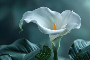 Wall Mural - Calla Lily flower radiates with its smooth, elegant petals, appearing almost luminous against a dark background. The deep green leaves add a touch of natural grace.