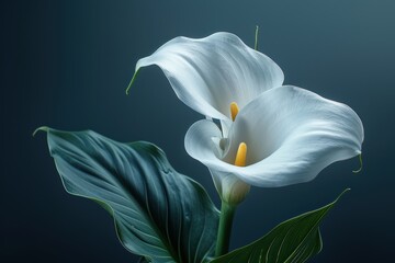 Wall Mural - Calla Lily flower captivates with its smooth, trumpet-shaped petals curving gracefully outward, appearing almost luminous against a dark background. The deep green leaves enhance its elegant beauty.